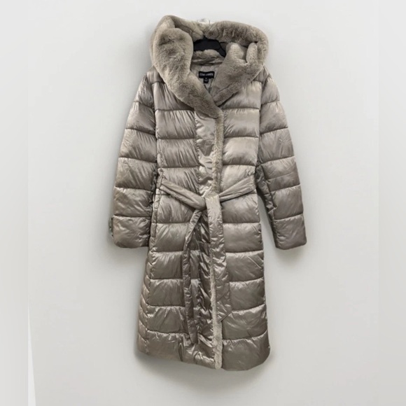 New Centigrade Champagne Gold XL Long Puffer Coat Faux Fur Hood Trim Belted - Picture 3 of 12
